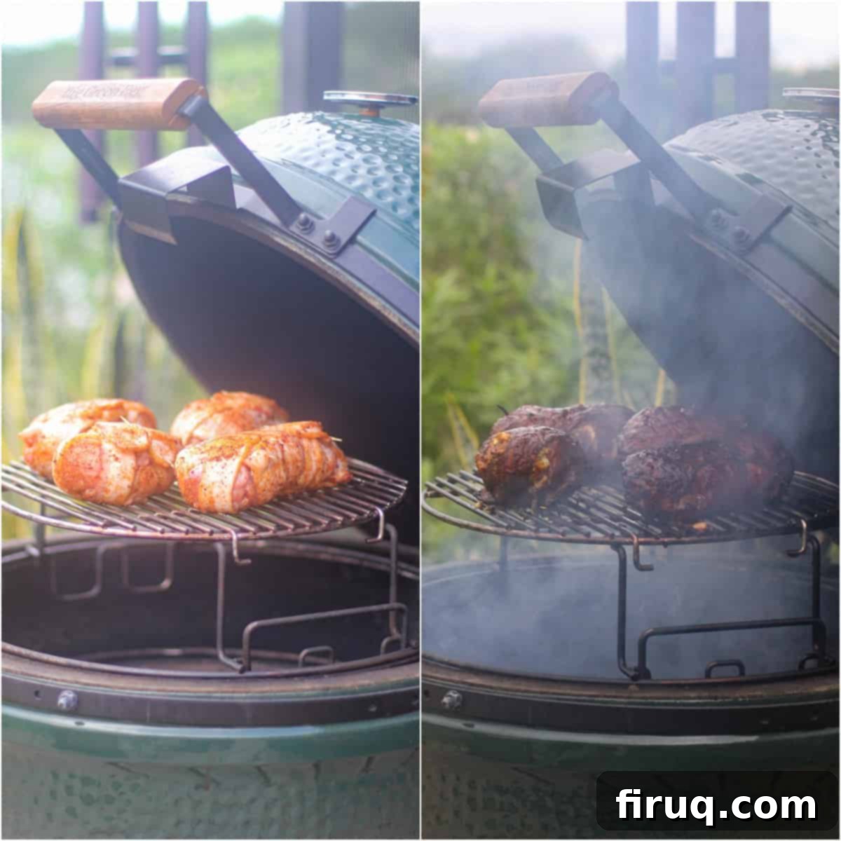 Smoky Jalapeno Chicken Poppers 4 Before and after collage showing uncooked seasoned chicken bombs on a tray and cooked, glazed chicken bombs on a grill, surrounded by smoke.