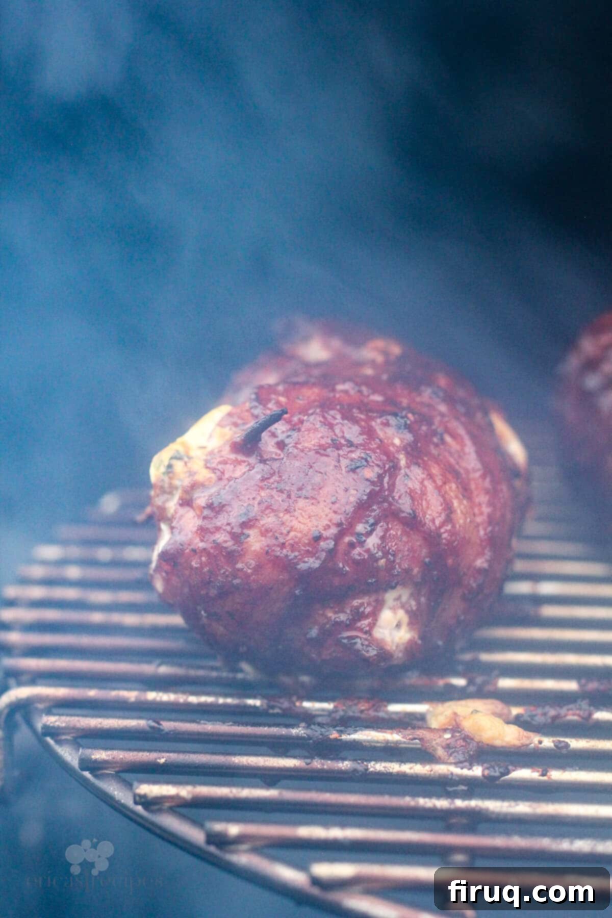 Smoky Jalapeno Chicken Poppers 5 A Smoked Jalapeno Stuffed Chicken Bomb on a grill grate, surrounded by smoke, during the cooking process.