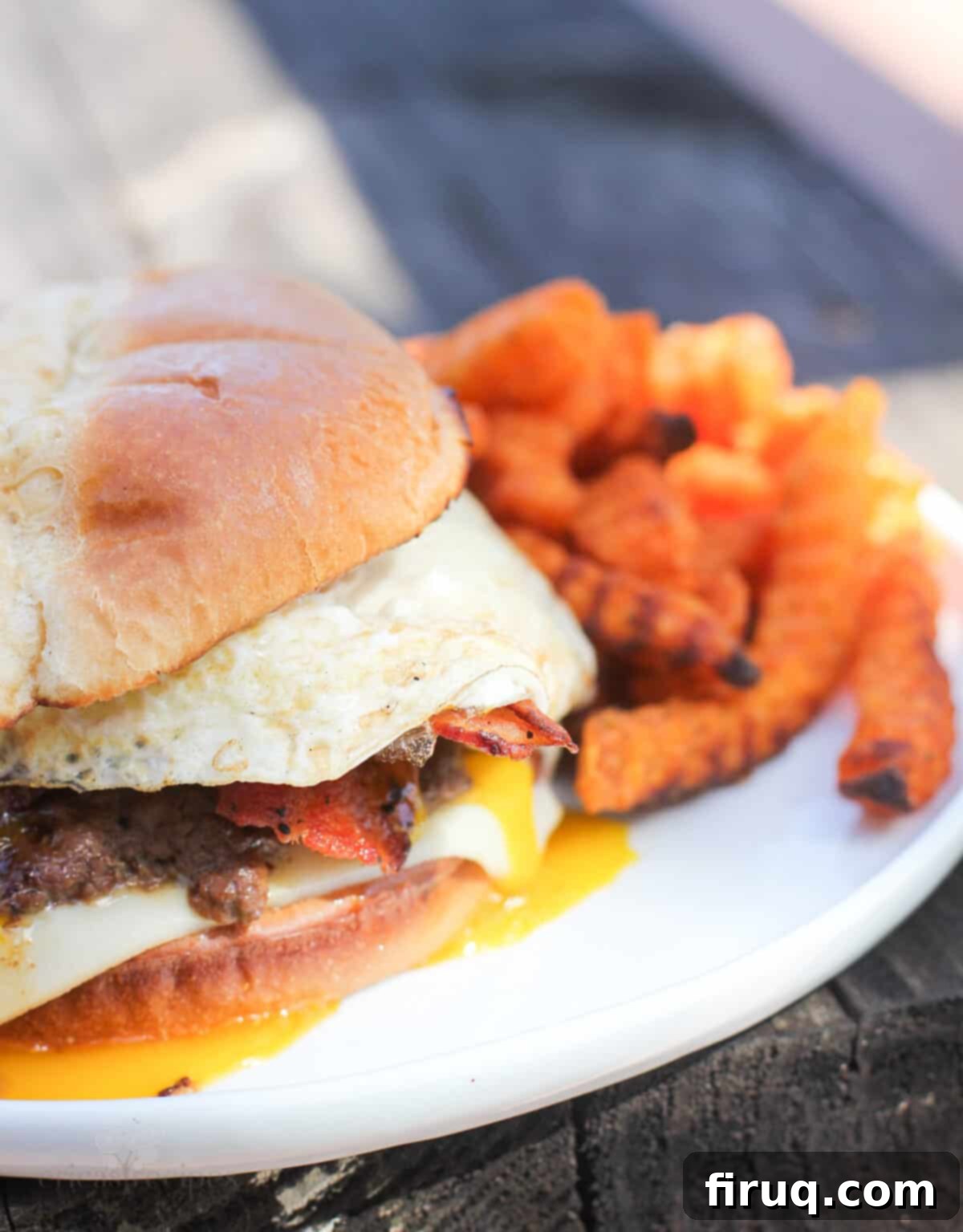 The Morning After Burger 2 prepared hangover burger on plate with sweet potato fries
