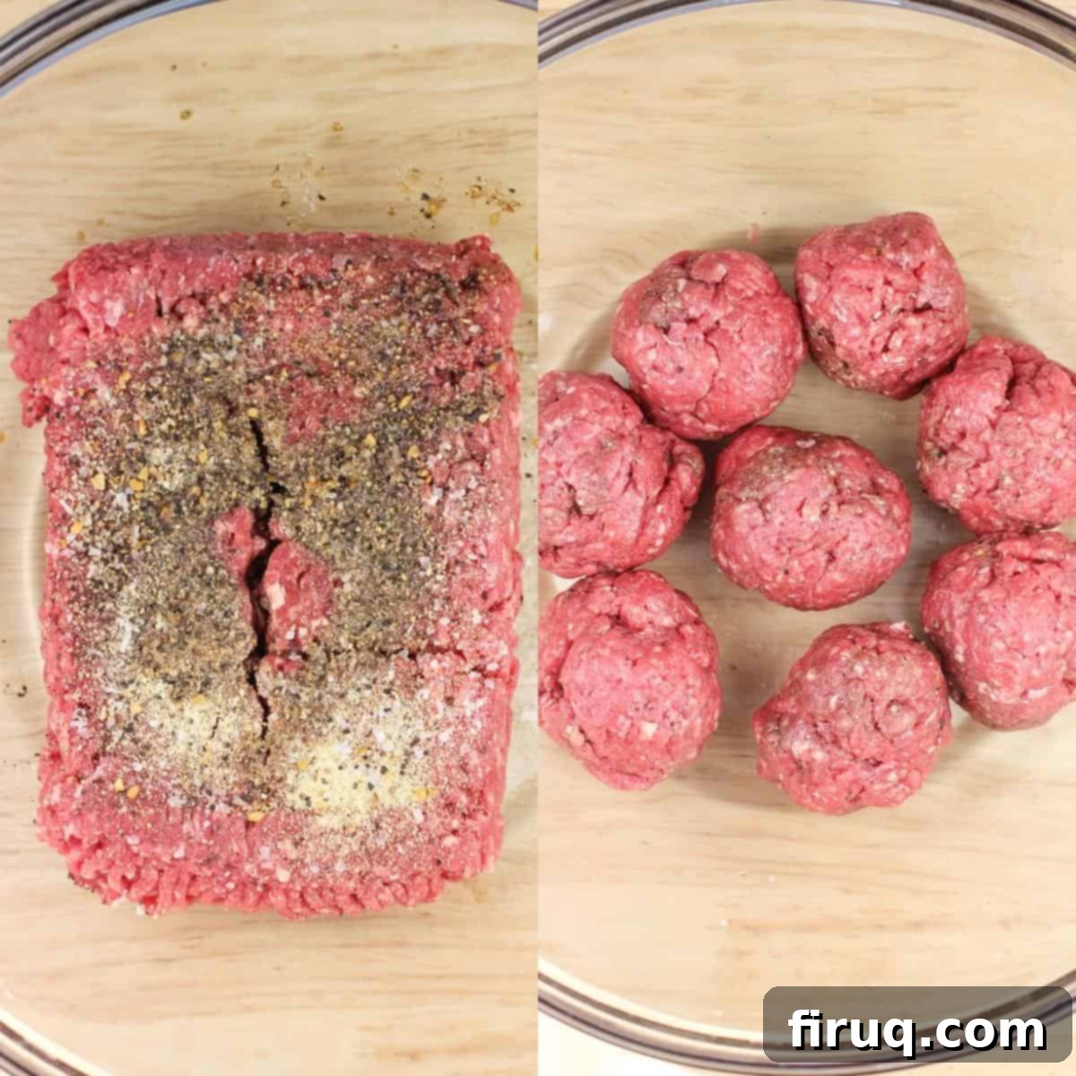 The Morning After Burger 4 collage of 2 photos: left, ground beef and seasoning ingredients in glass bowl; right, meat mixed and formed into 8 balls