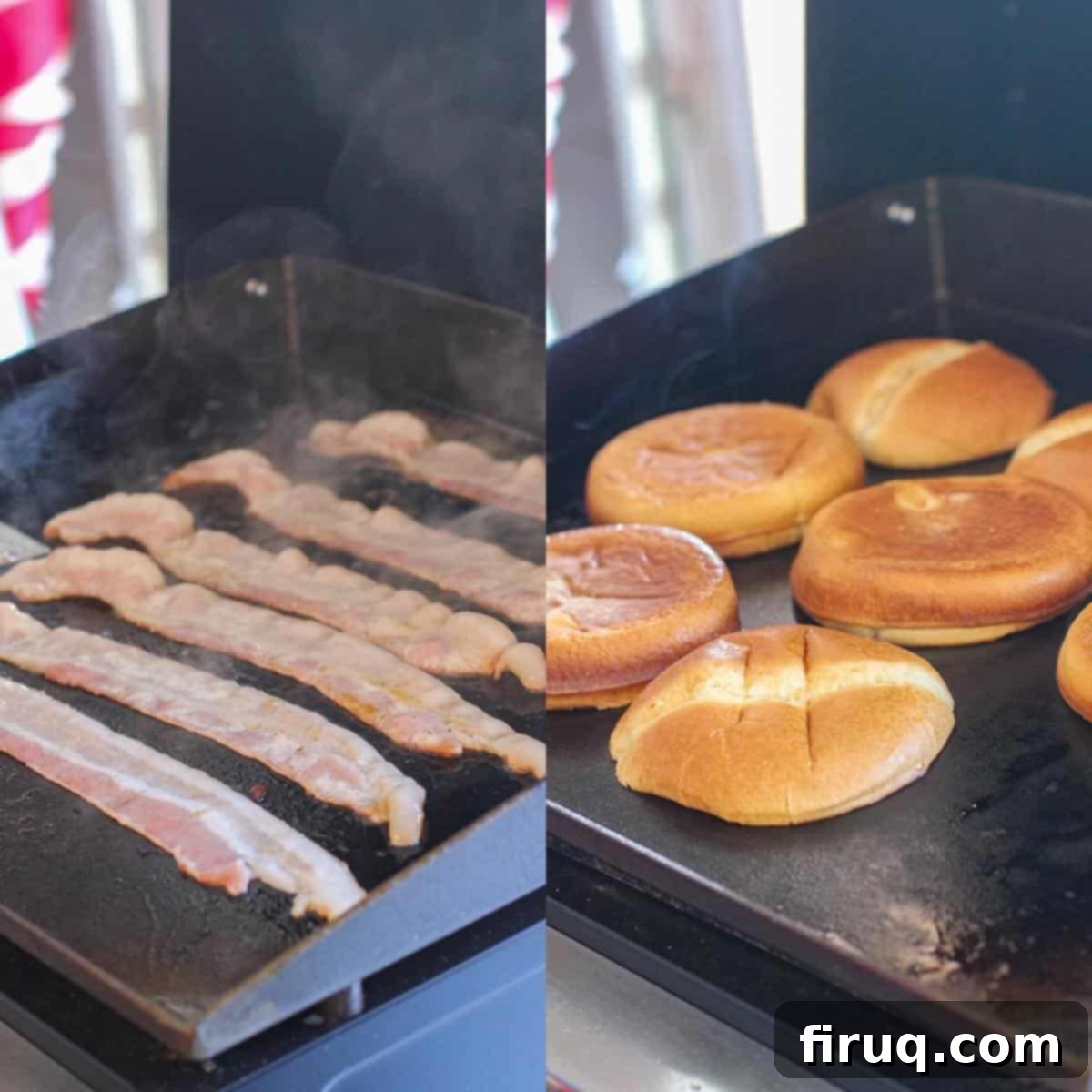The Morning After Burger 5 collage of 2 photos: left, bacon on griddle; right, buns toasting on griddle