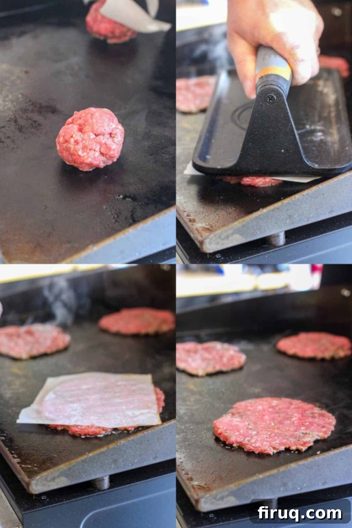 The Morning After Burger 6 collage of 4 photos: meatball on griddle; press flattening meat; flat meat patties on grill; cooking smashed beef patty on Blackstone griddle