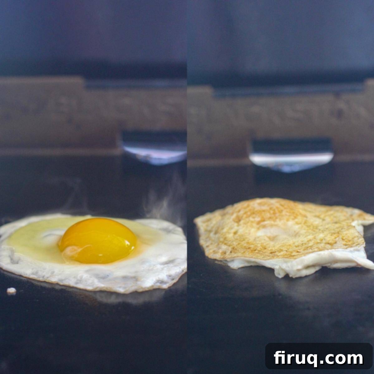 The Morning After Burger 7 collage of 2 photos on griddle: left, sunny-side up egg; right, over-easy egg