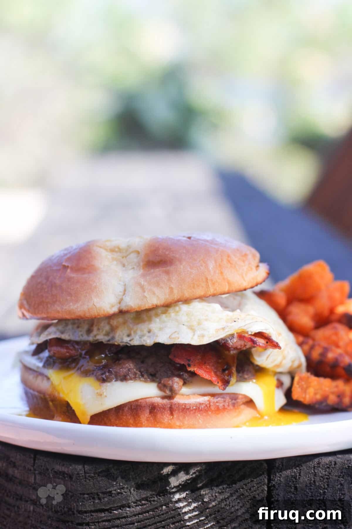 The Morning After Burger 8 prepared breakfast smashed burger on white plate
