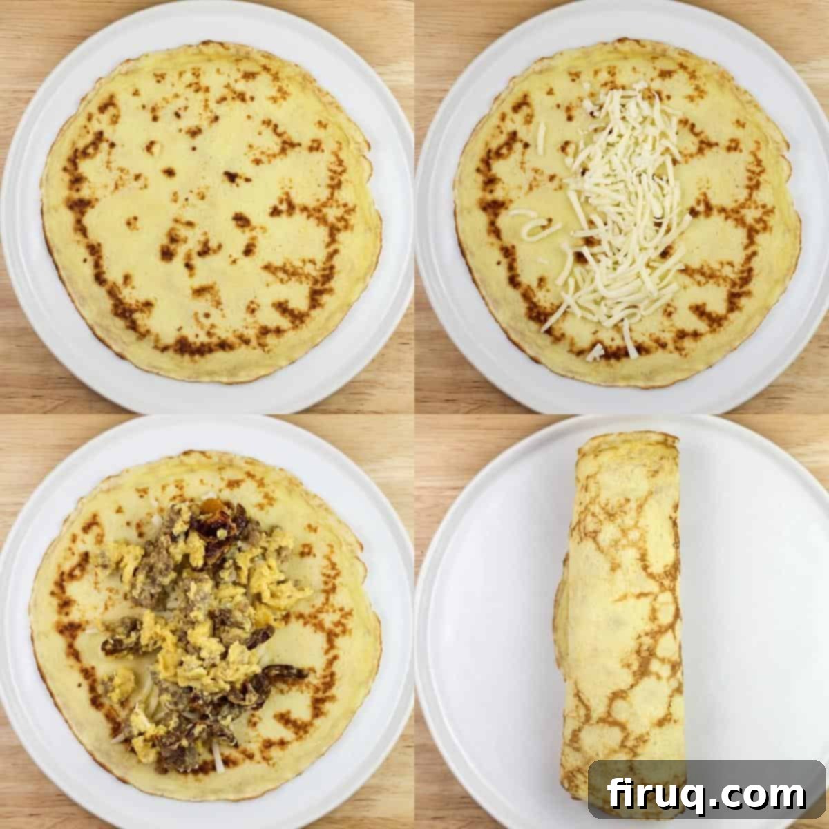 Sweet & Savory Sausage Crepes with Maple Béchamel 6 collage of 4 photos: top left, crepe on white plate; top right, crepe topped with cheese; lower left, crepe topped with cheese and egg filling; lower right, rolled up crepe