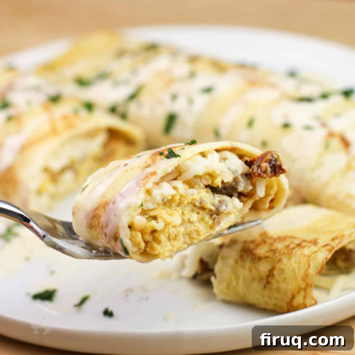 Sweet & Savory Sausage Crepes with Maple Béchamel 10 sausage crepe on fork topped with maple bechamel