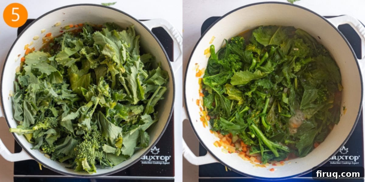 Savory Broccoli Rabe & Tortellini Bowl 8 Freshly chopped broccoli rabe wilting in the Dutch oven with the sautéed vegetables and a little chicken broth.