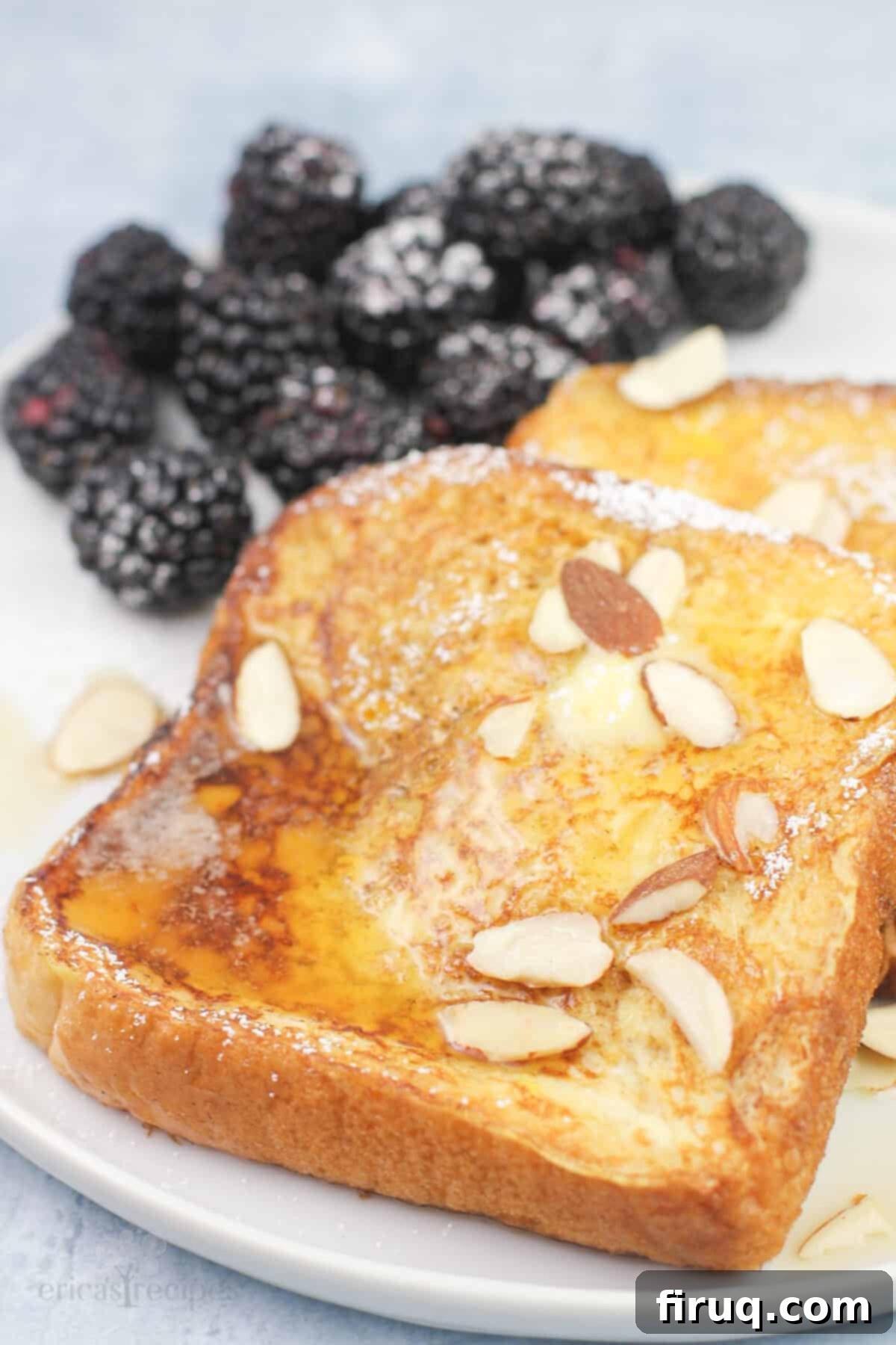 Blackstone Amaretto French Toast 4 Side view illustrating the impressive thickness of Texas toast French toast, showcasing its capacity to absorb rich custard.