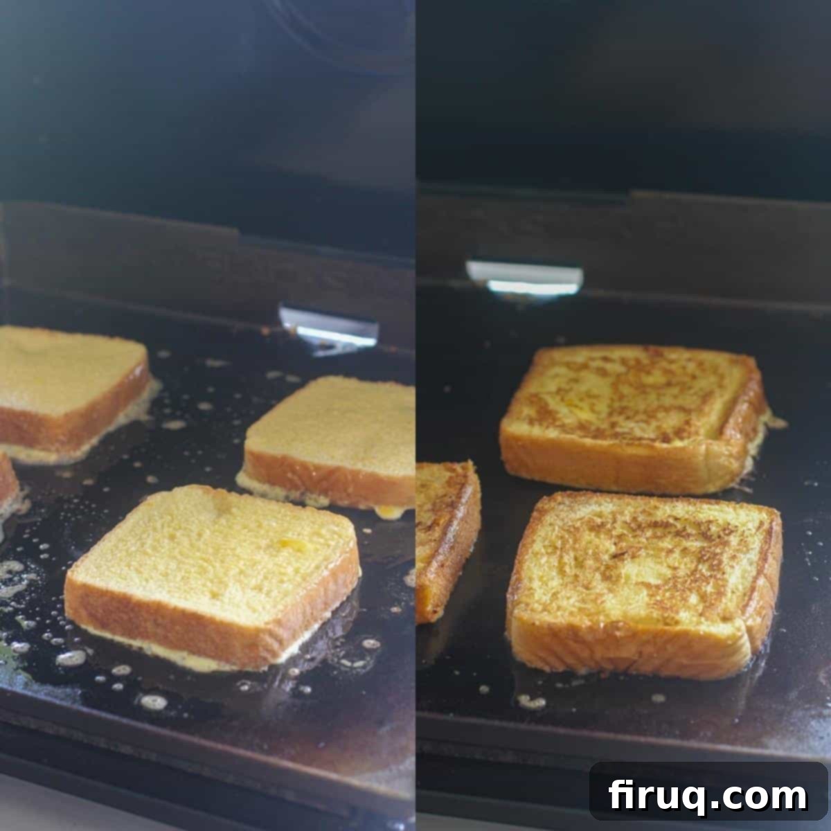 Blackstone Amaretto French Toast 5 Collage showcasing the cooking process: left, uncooked French toast slices on a Blackstone griddle; right, perfectly cooked, golden-brown French toast on the griddle.