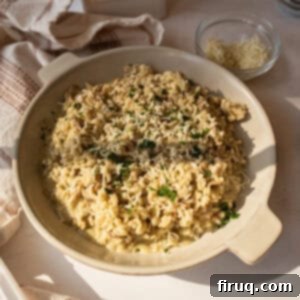 Mushroom Gorgonzola Risotto 13 A bowl of creamy Gorgonzola Risotto with Mushrooms, garnished with fresh parsley and extra gorgonzola.