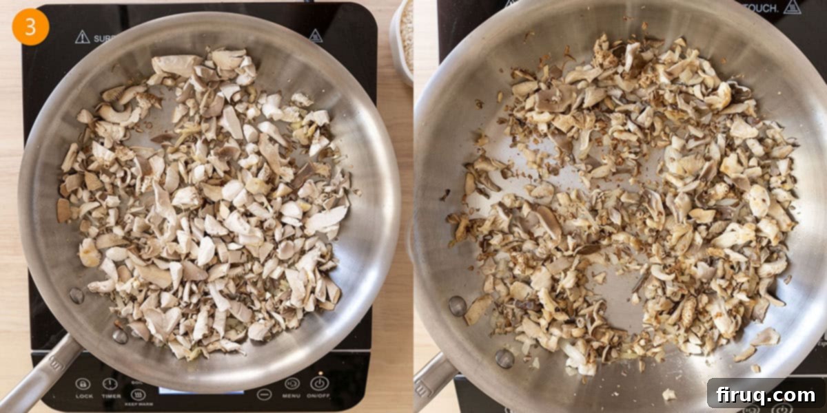 Mushroom Gorgonzola Risotto 6 Chopped mushrooms being added to sautéed shallots and browned in a pan.