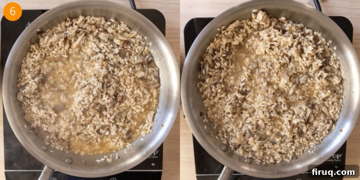 Mushroom Gorgonzola Risotto 9 Ladlefuls of chicken broth being slowly added to the rice and stirred until absorbed, cooking the risotto.