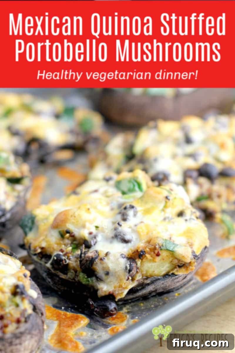 Zesty Mexican Quinoa Portobello Boats 11 image with text overlay of the recipe title for Pinterest