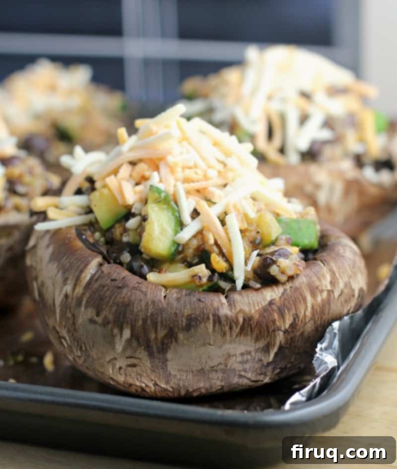 Zesty Mexican Quinoa Portobello Boats 7 uncooked portobello with the quinoa stuffed topped with shredded cheese
