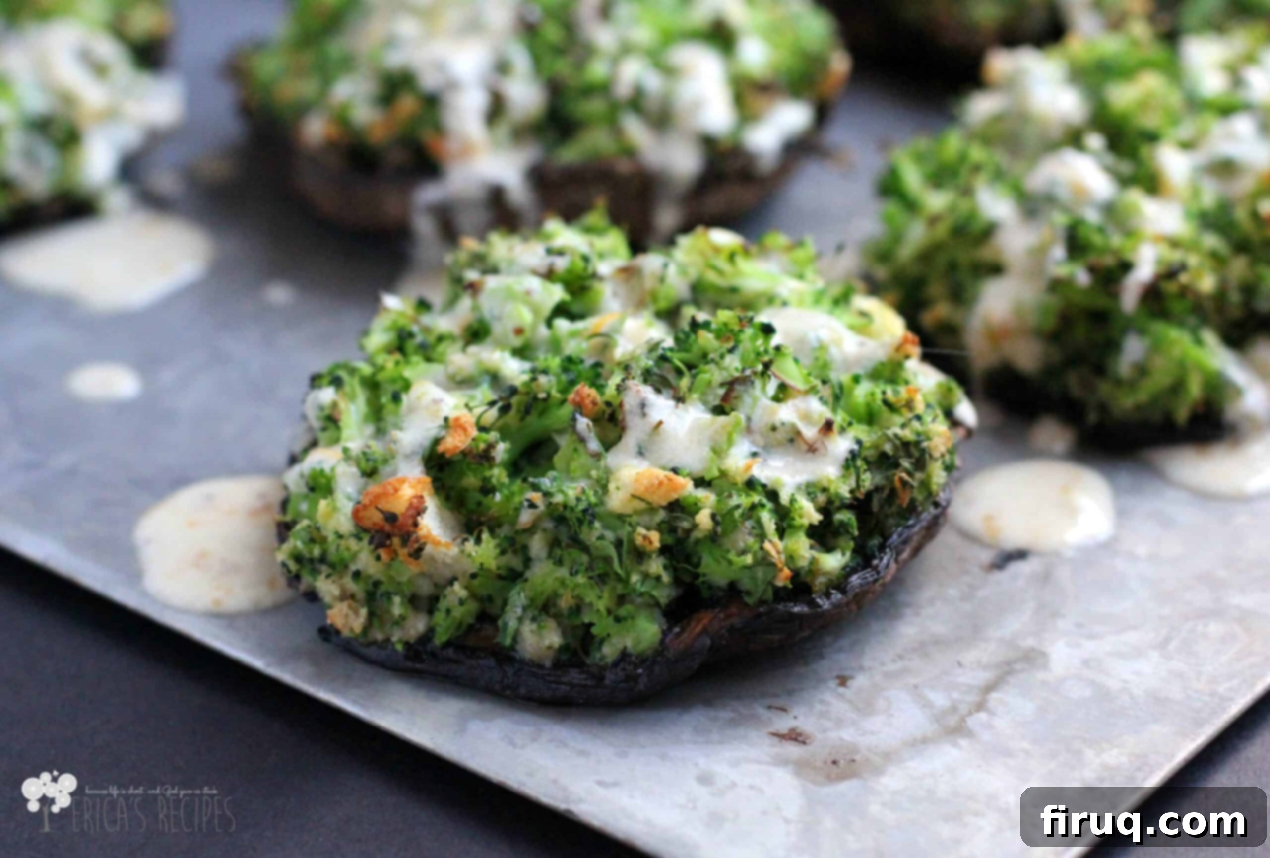 Zesty Cheddar Broccoli Stuffed Portobello Caps 5 Broccoli-Stuffed Portobello Mushrooms with Dijon-Cheddar Sauce, ready to be served