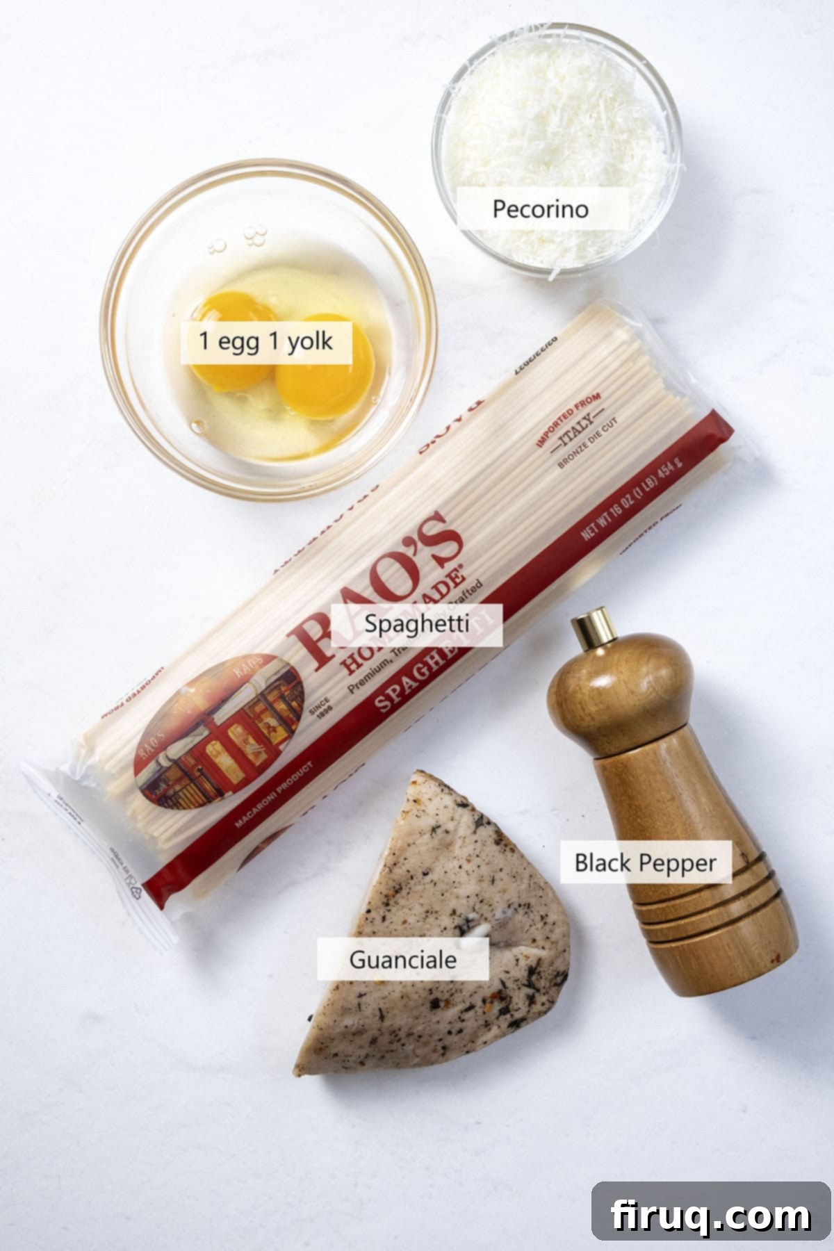 The Ultimate Carbonara Do's and Don'ts 3 A selection of fresh ingredients for Spaghetti Carbonara, including eggs, Pecorino Romano, black pepper, and Guanciale.