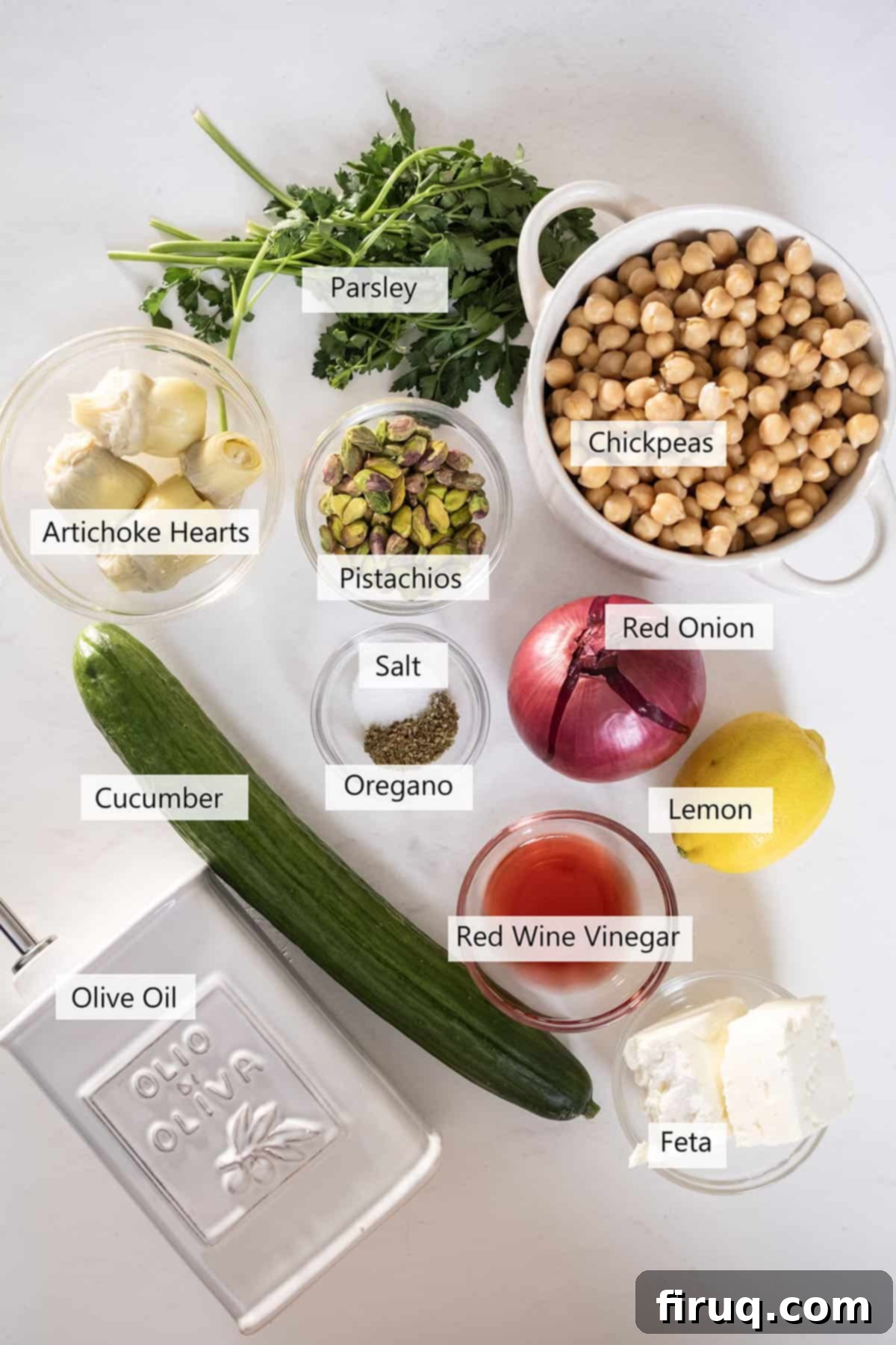 Mediterranean Chickpea Feta Salad 3 Ingredients for the recipe.