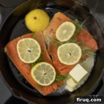 Perfectly Seared Cast Iron Lemon Dill Salmon 6 Basting lemon dill salmon with butter in the cast iron pan