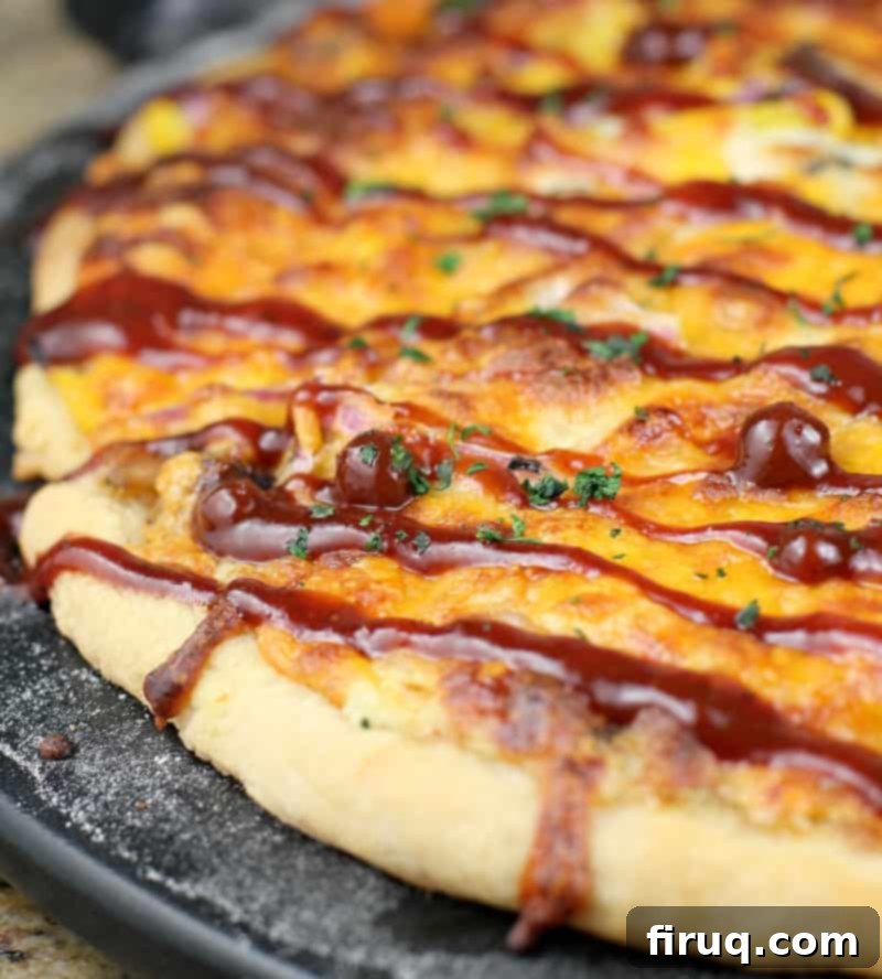 Texas BBQ Pizza 3 cooked pizza with bbq sauce drizzled over