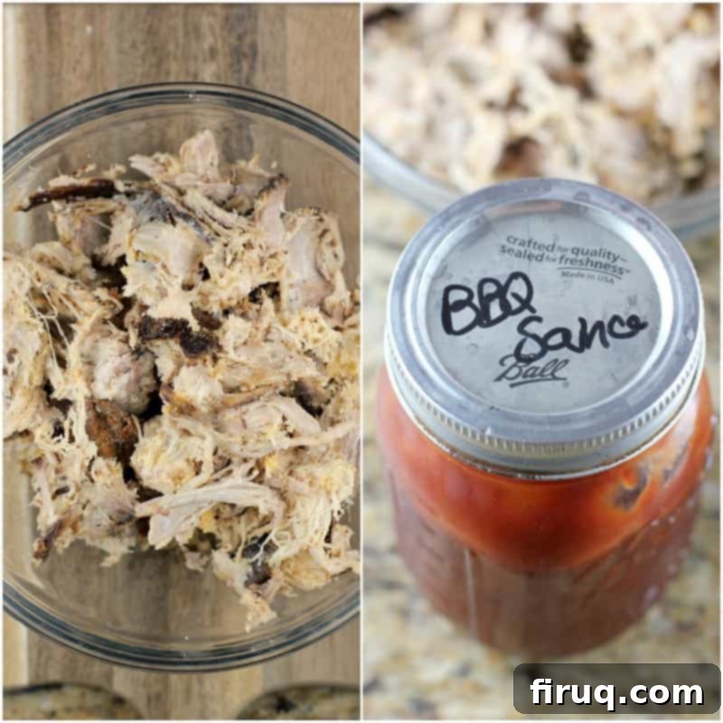 Texas BBQ Pizza 5 collage of 2 photos: left, pulled pork in a glass bowl; right, jar of bbq sauce