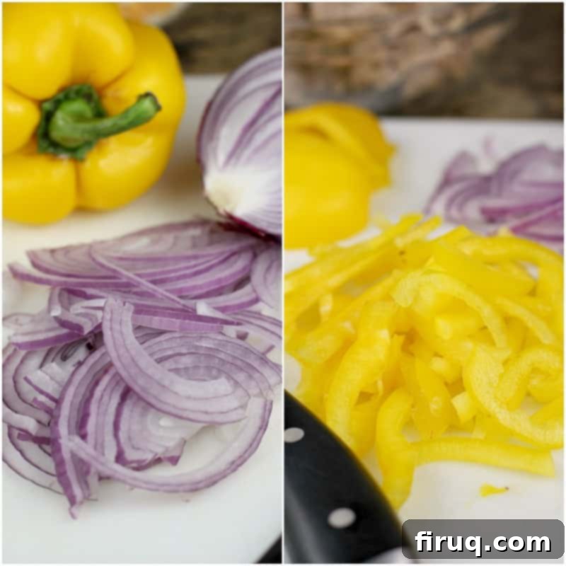 Texas BBQ Pizza 6 collage of 2 photos: left, sliced onion; right, yellow bell pepper