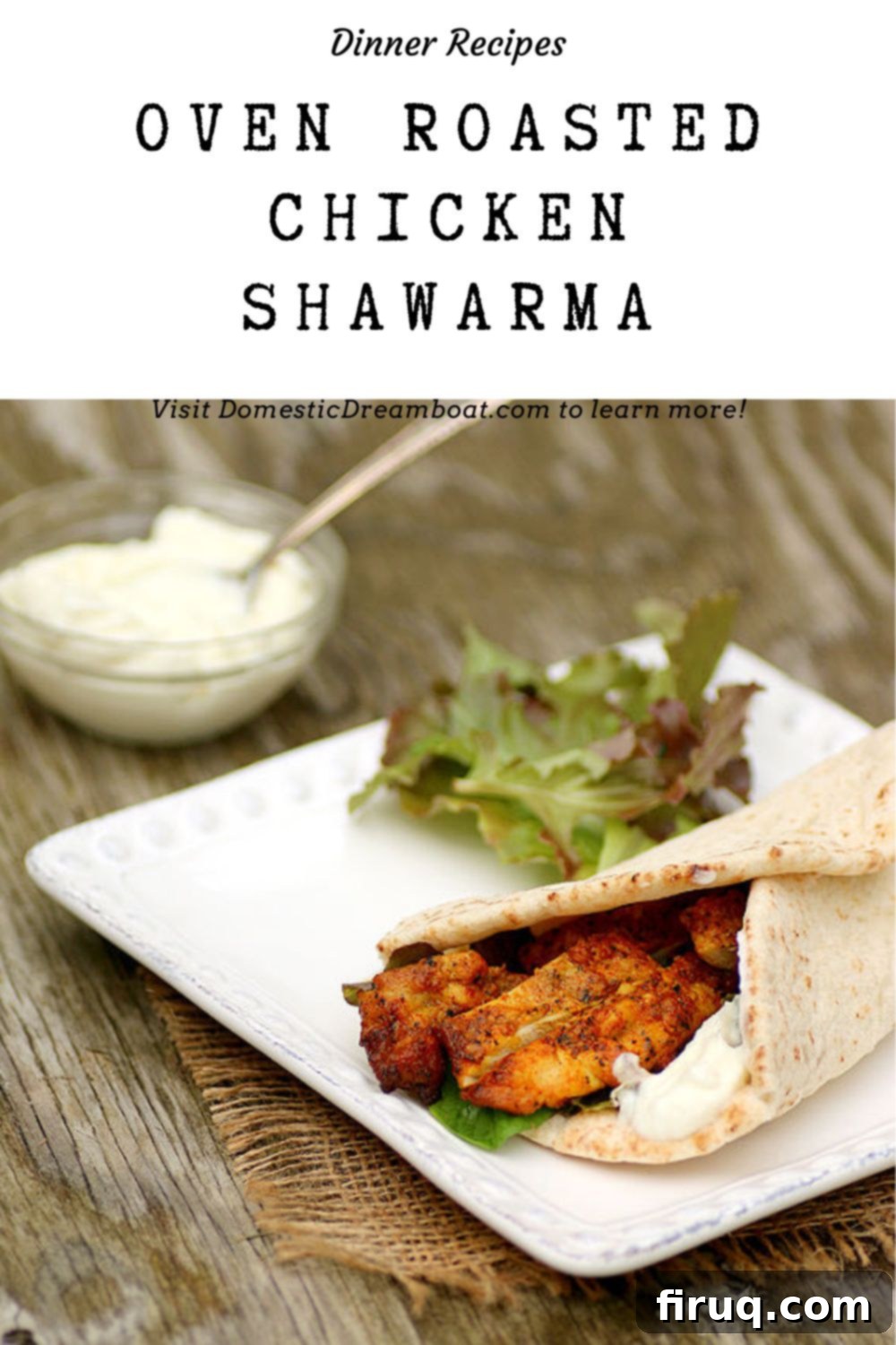 A plate of oven roasted chicken shawarma with pita and fresh vegetables Oven Roasted Chicken Shawarma serving suggestion