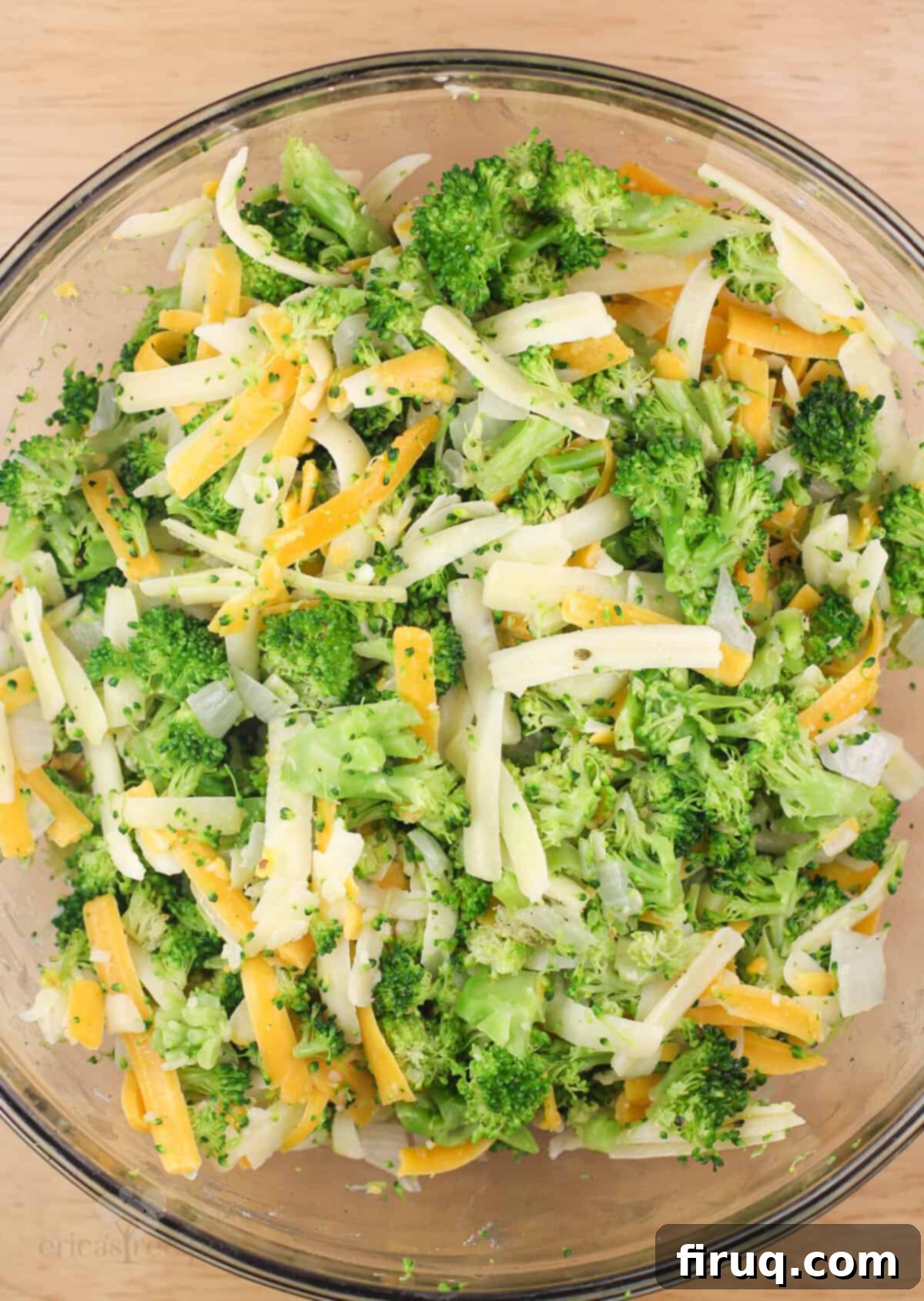 Beer-Infused Broccoli Cheese Crepes 3 broccoli and cheese filling in glass mixing bowl.