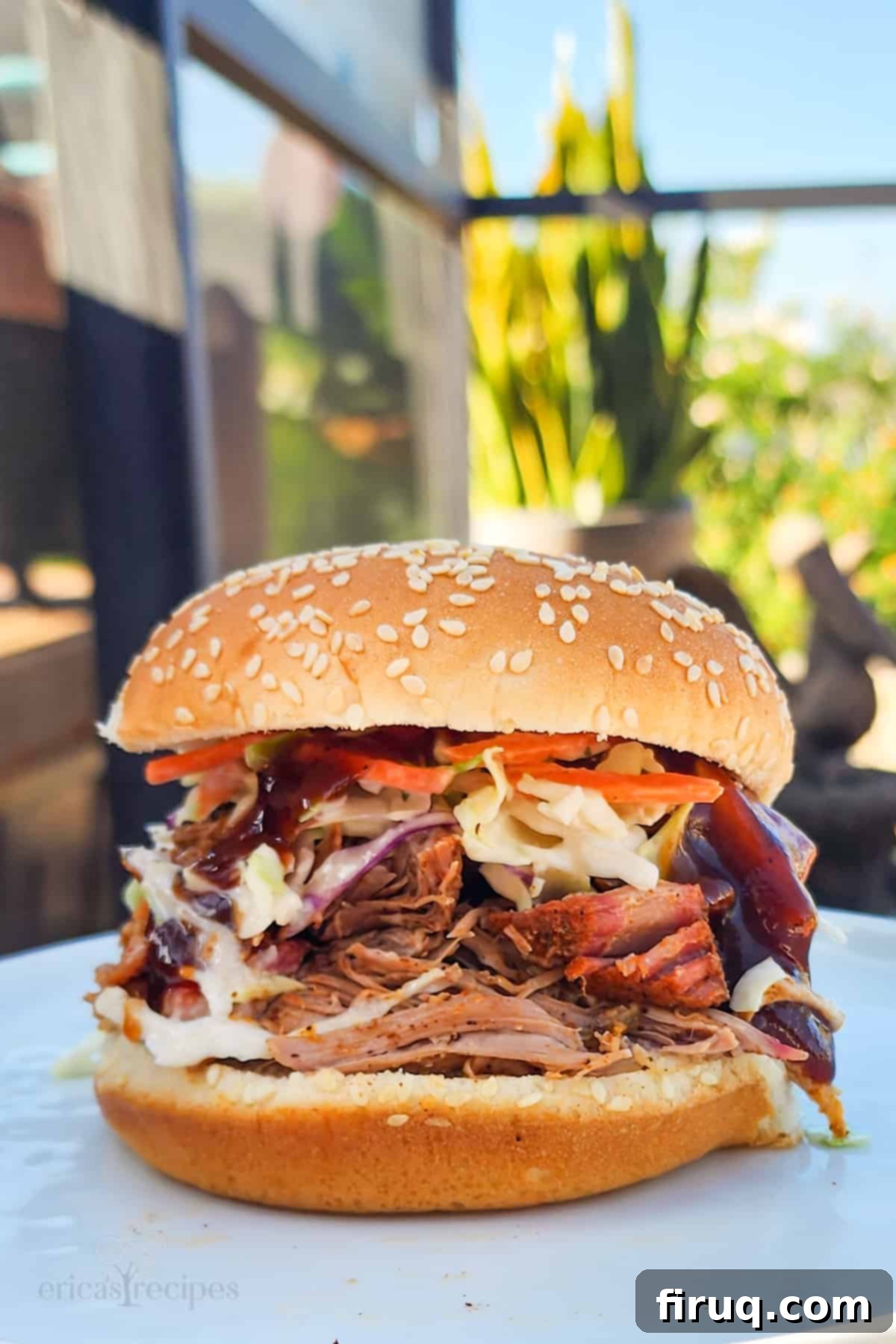 The Ultimate Juicy Smoked Pulled Pork from Your Big Green Egg 6 Classic pulled pork sandwich with coleslaw on a white plate