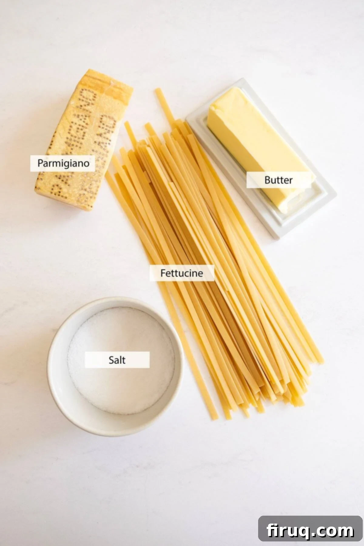 Classic Fettuccine Alfredo 3 Key ingredients for an authentic Fettuccine Alfredo recipe, including fettuccine pasta, butter, and a block of Parmigiano-Reggiano cheese.