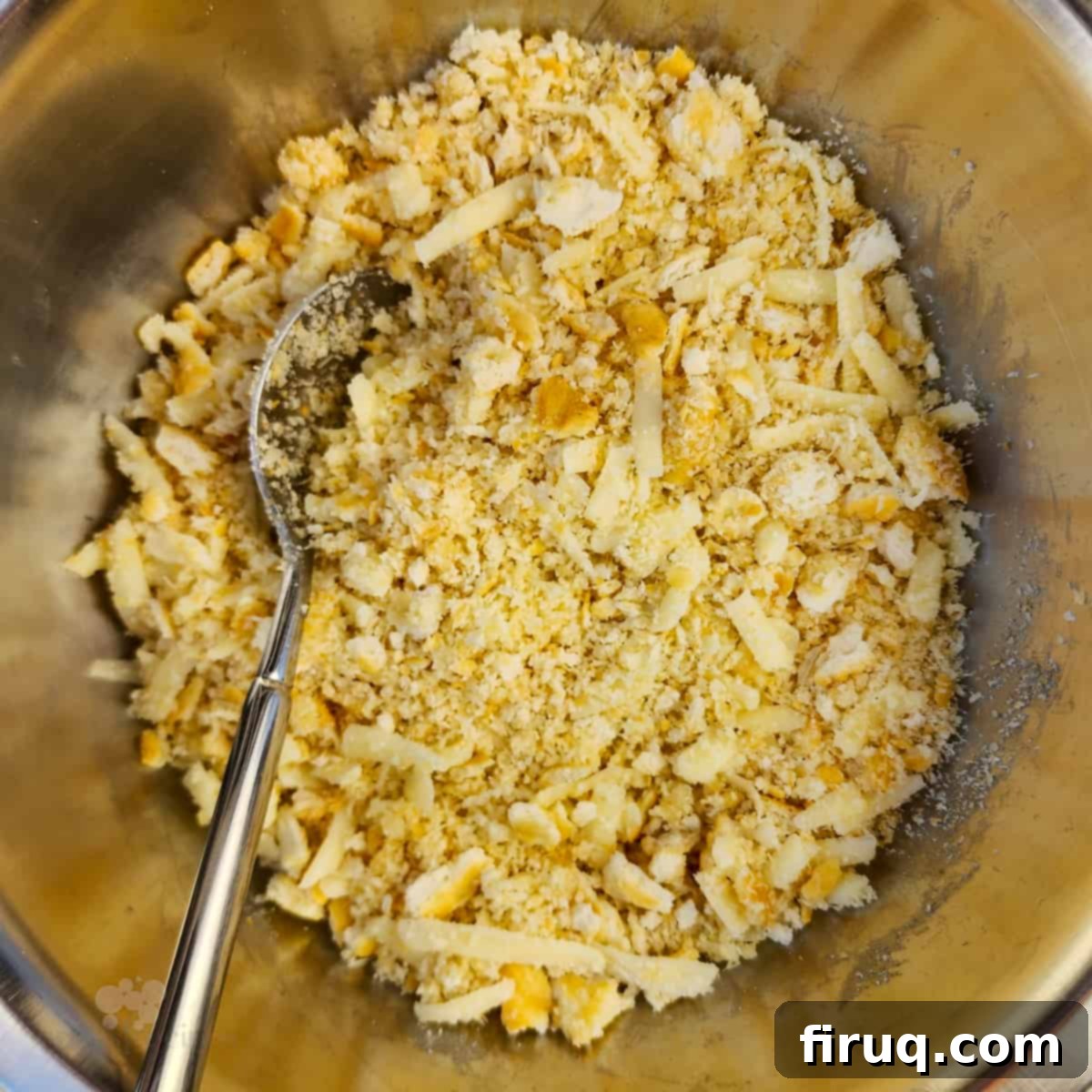 Velvety Poblano Mac and Cheese 6 Prepared cracker topping mixture in a bowl with a spoon