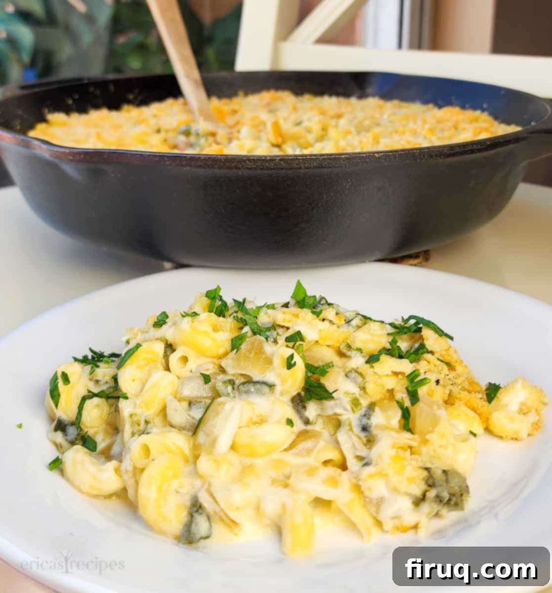 Velvety Poblano Mac and Cheese 8 Poblano Mac and Cheese bubbling in a baking dish, fresh from the oven