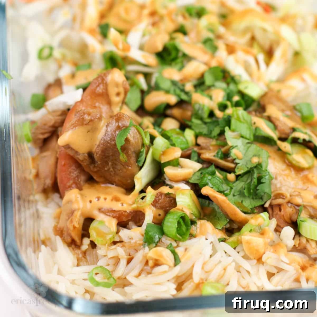Sweet and Sticky Honey Teriyaki Chicken Meal Prep 2 Prepared slow cooker honey teriyaki chicken and rice in a glass meal prep container, ready to eat.
