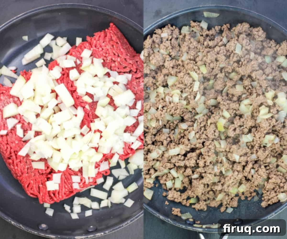 Game-Changing Ground Beef Tacos 4 collage of 2 photos showing raw then cooked beef and onion in skillet