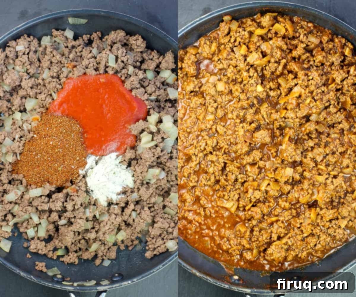 Game-Changing Ground Beef Tacos 5 collage of 2 photos showing seasonings and tomato sauce added, then mixed, into cooked ground beef