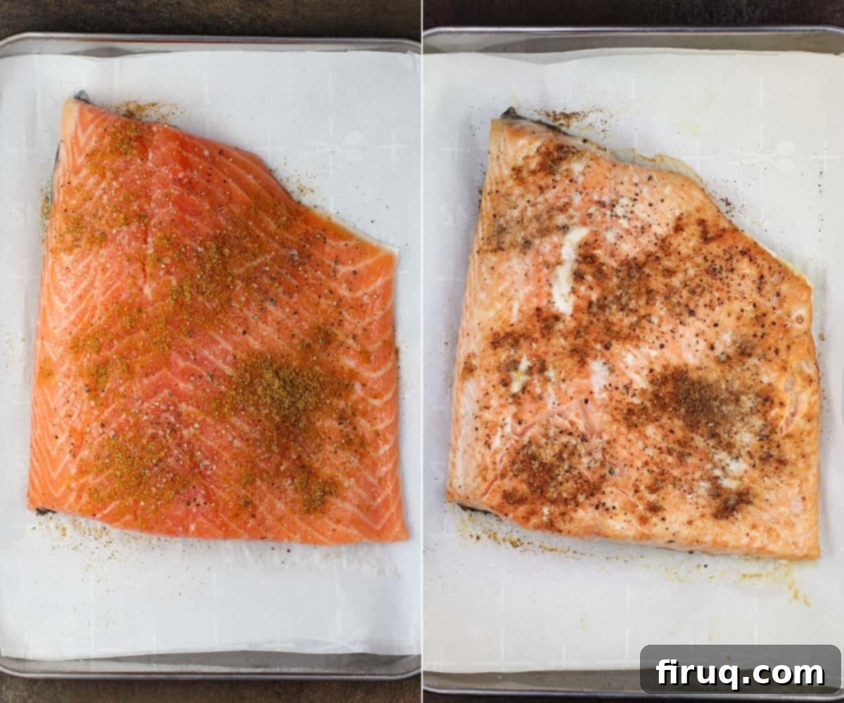 Rich Pesto Salmon Lasagna 4 collage of 2 photos: left, uncooked, seasoned salmon on parchment paper; right, cooked salmon on parchment