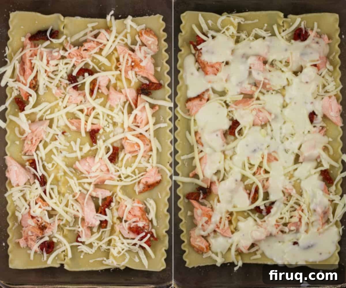 Rich Pesto Salmon Lasagna 8 collage of 2 photos: left, pasta layer in bake dish topped with salmon, sun-dried tomatoes, and cheese; right, same as the left but also topped with bechamel sauce