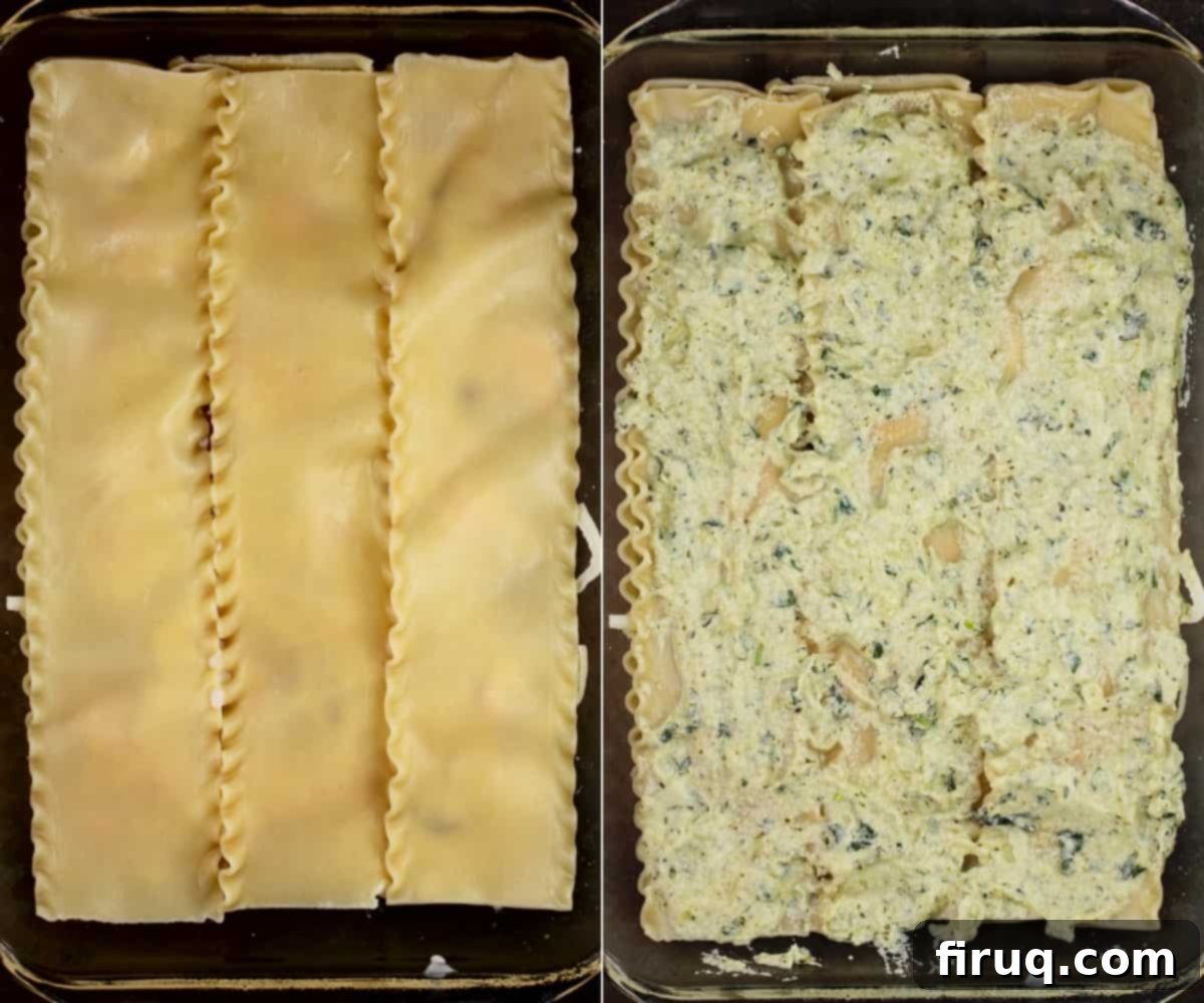 Rich Pesto Salmon Lasagna 9 collage of 2 photos: left, 3 lasagna noodles in bake dish; right, the noodles topped with pesto ricotta