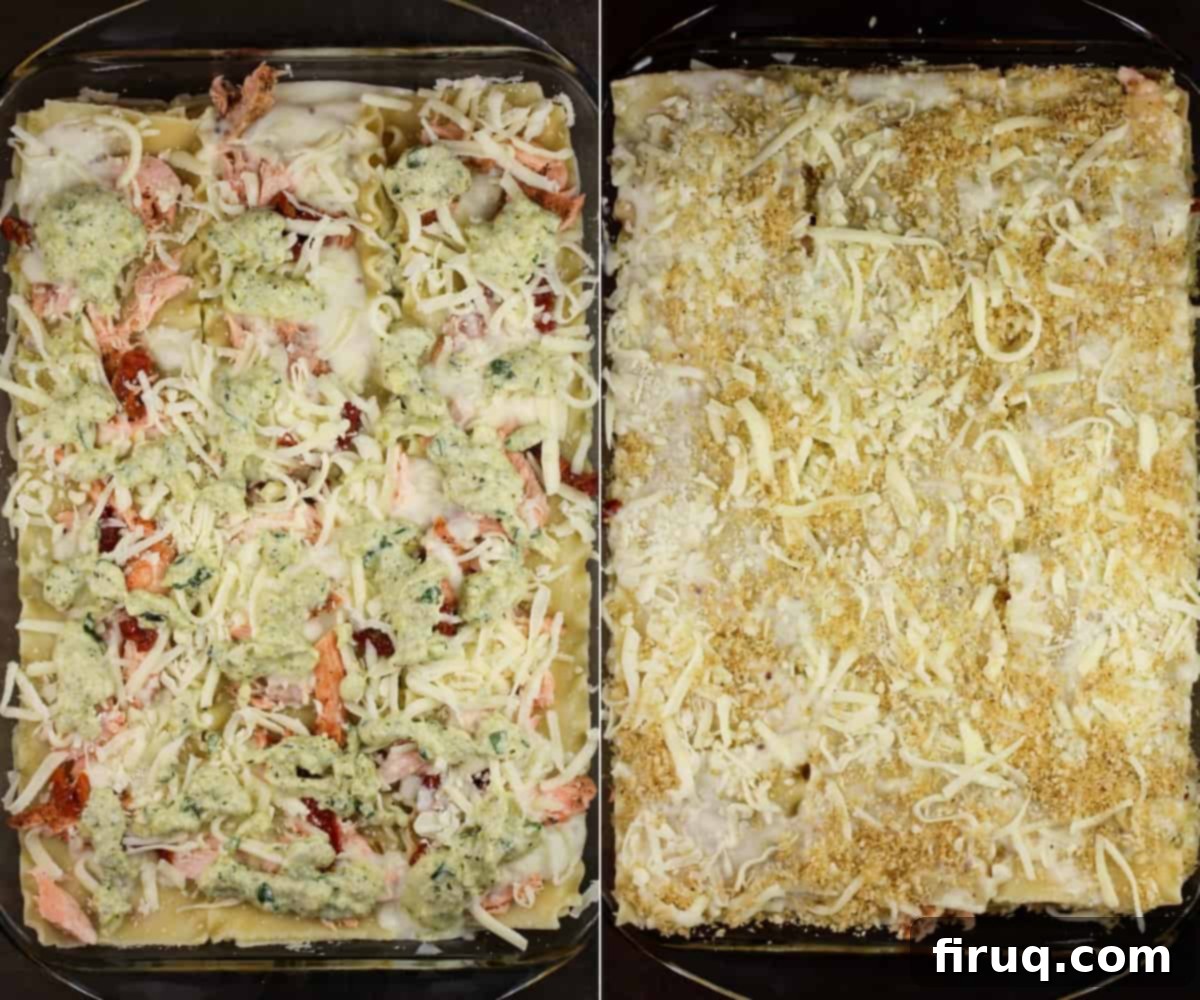 Rich Pesto Salmon Lasagna 10 collage of 2 photos: left, the last layer of filling with salmon, tomato, cheese, and ricotta; right, the fully prepared lasagna (topped with cheese and panko mixture) ready for the oven