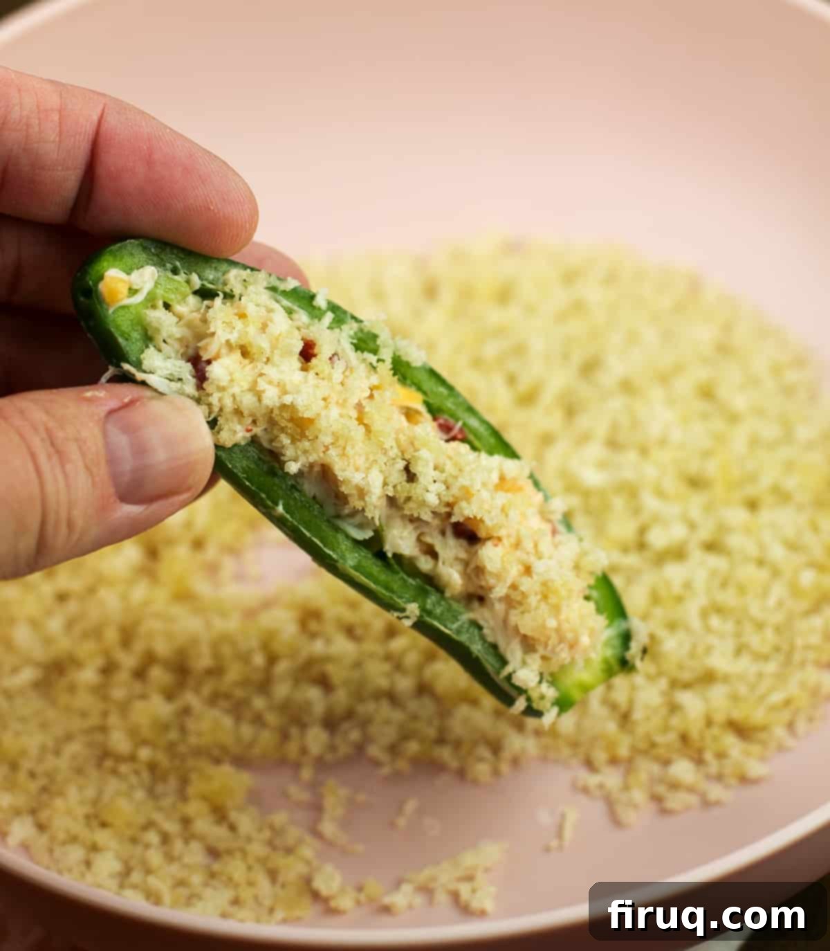 Cajun Crab-Bacon Blasters 6 hand holding stuffed jalapeno dipping in breadcrumbs