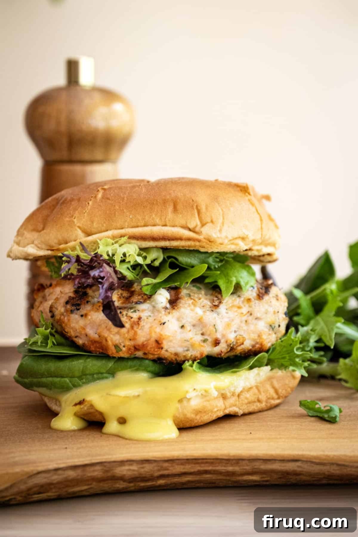 Gourmet Gorgonzola Grilled Chicken Burger 2 Grilled chicken burger on a bun with garlic aioli, fresh greens, and a golden-brown patty, ready to be enjoyed.