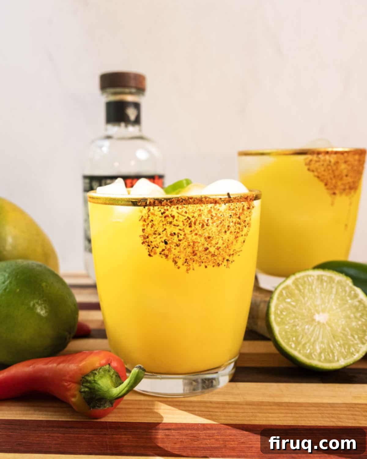 Blazing Mango Margarita 2 A vibrant spicy mango margarita garnished with a lime wedge and a slice of jalapeno, surrounded by fresh jalapenos and limes on a rustic surface.