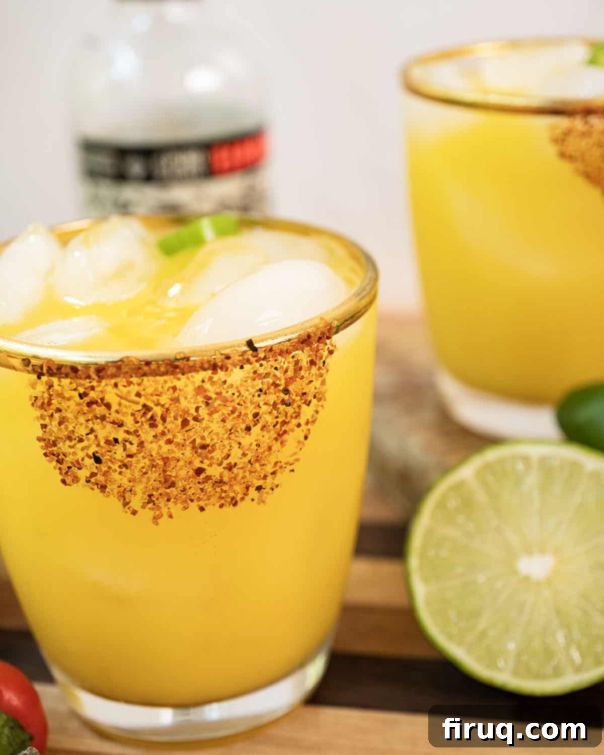 Blazing Mango Margarita 5 A finished spicy mango margarita, ready to drink, with several jalapenos and limes surrounding it on a dark surface.