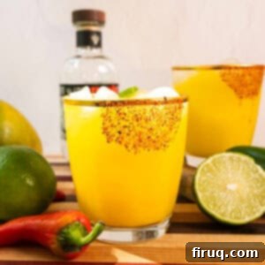 Blazing Mango Margarita 6 A perfectly crafted spicy mango margarita in a glass, garnished with a fresh lime slice and surrounded by jalapeños and limes.