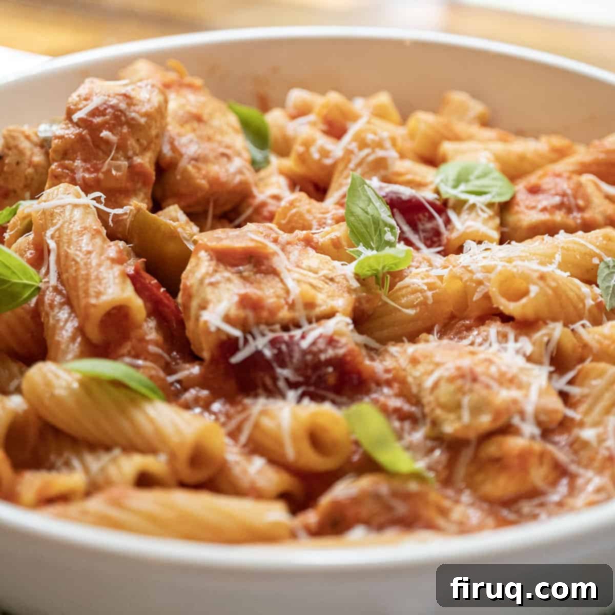 Spicy Chicken Rigatoni 13 A close-up of a serving of Spicy Chicken Riggies, showcasing the creamy sauce, tender chicken, and rigatoni pasta, garnished with fresh herbs.