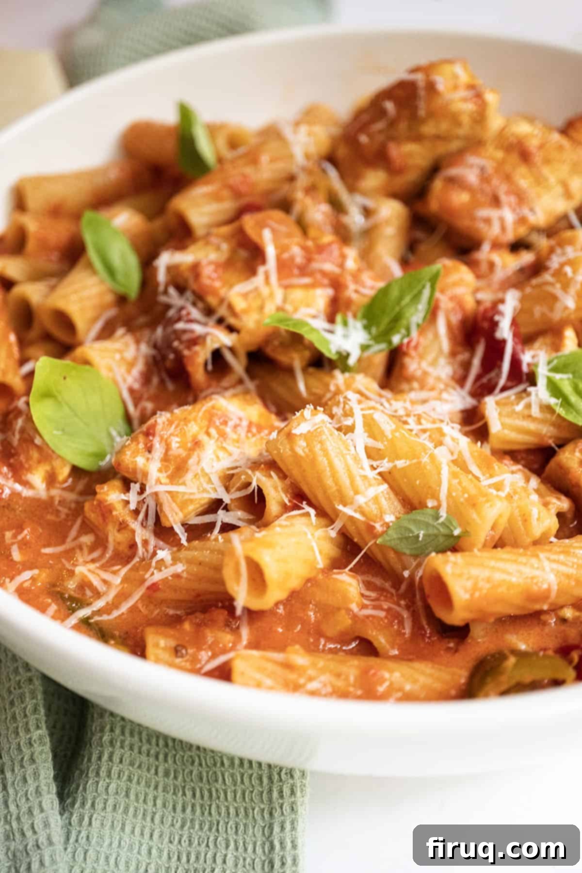 Spicy Chicken Rigatoni 14 A beautifully plated dish of Spicy Chicken Riggies, ready to be served, highlighting the vibrant colors and rich sauce.