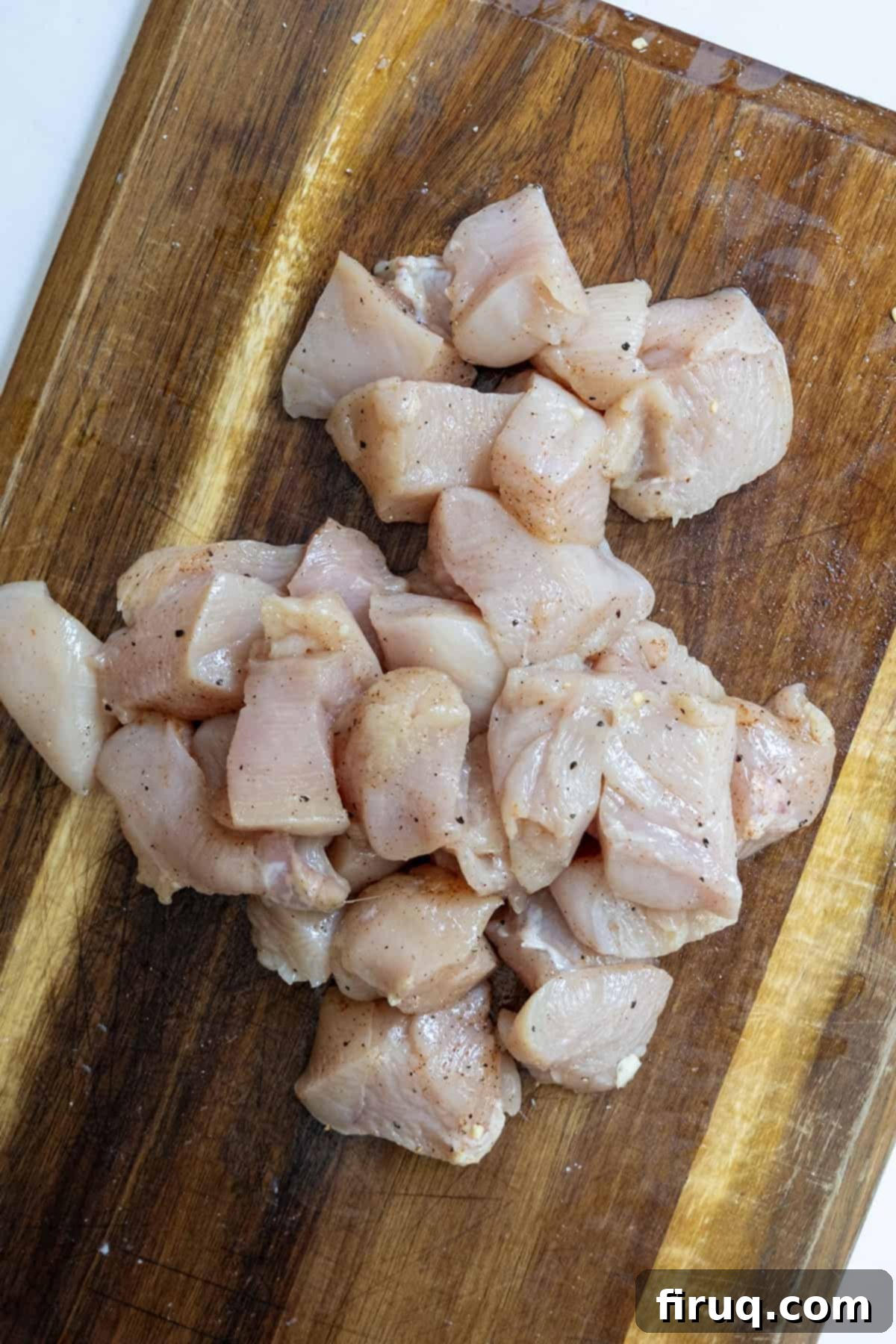 Spicy Chicken Rigatoni 4 Chicken breast chopped into uniform 1½-inch pieces, ready for searing.