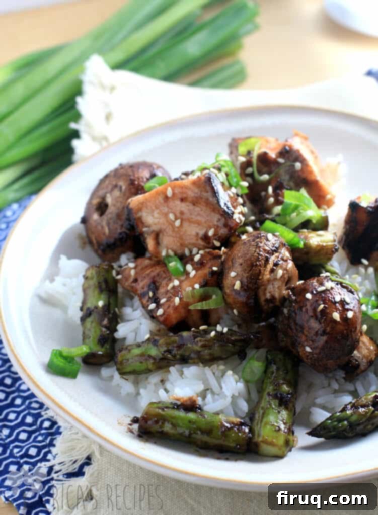 Balsamic Glazed Salmon Skewers 2 Sweet Balsamic Salmon Kabobs with asparagus and mushrooms, glazed and grilled