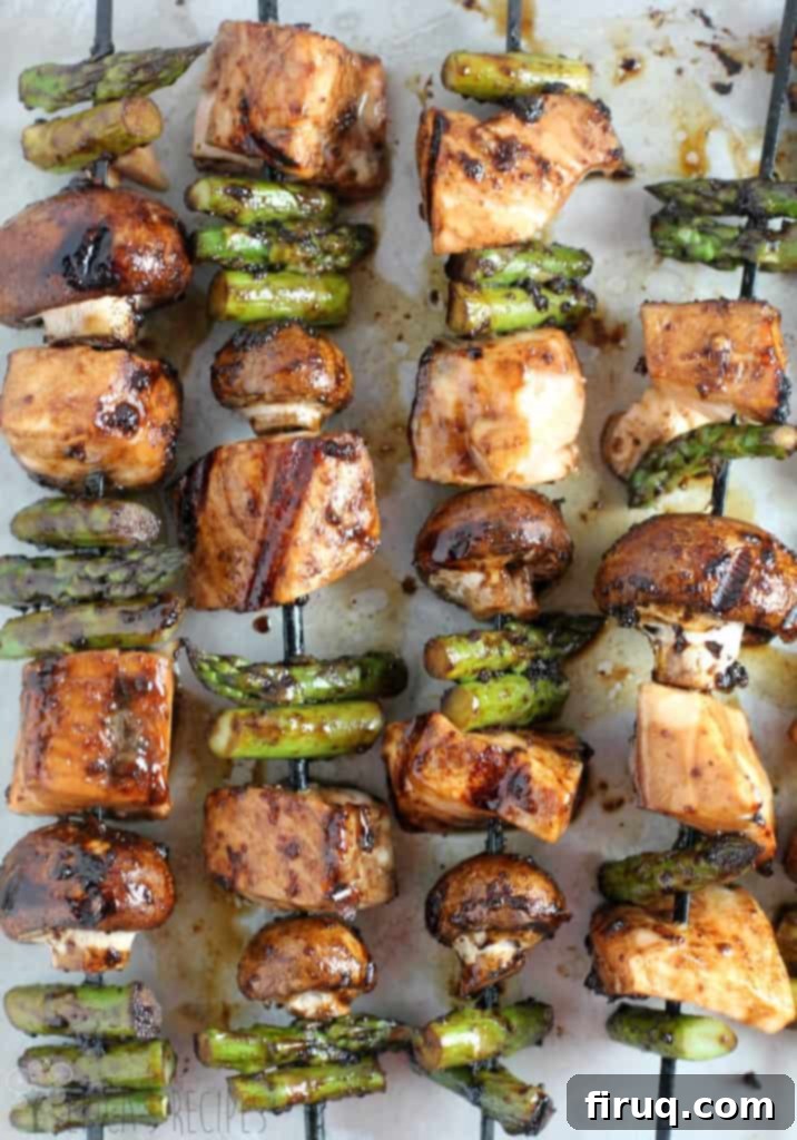 Balsamic Glazed Salmon Skewers 4 Sweet Balsamic Salmon Kabobs beautifully arranged on a platter