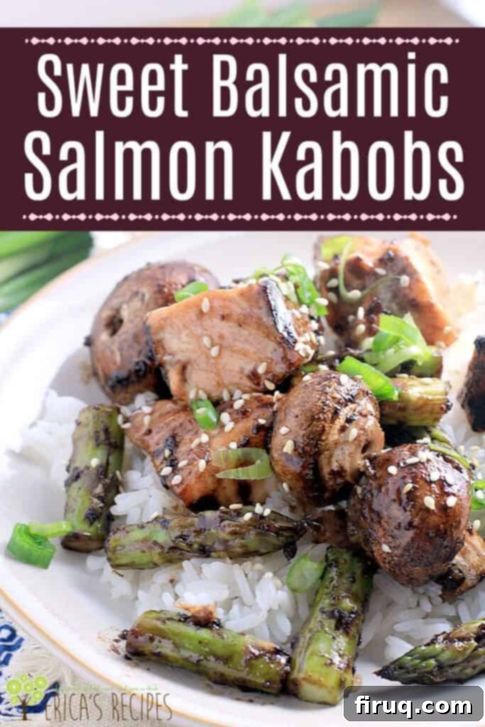 Balsamic Glazed Salmon Skewers 7 Delicious grilled salmon, asparagus, and mushroom skewers with a sweet balsamic honey glaze
