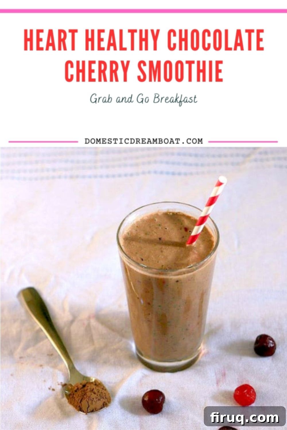 Finished Chocolate Cherry Smoothies Two glasses of chocolate cherry smoothie on a wooden surface, with fresh cherries and kale in the background.